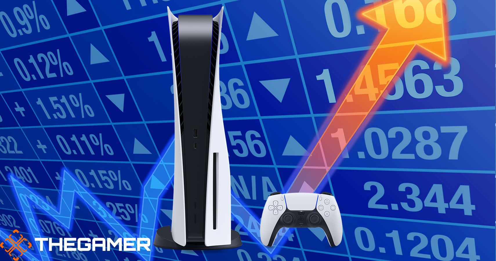 PlayStation 5 console over a background of numbers and an upward arrow