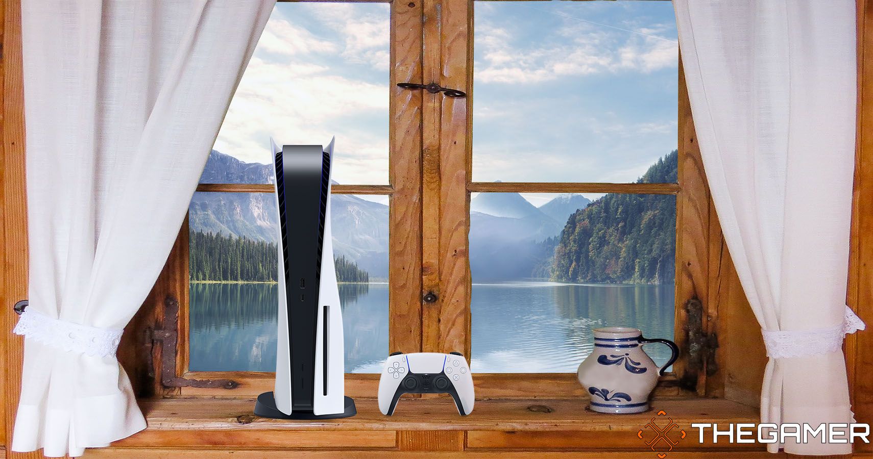 PS5 and Dualsense controller on top of stock image of mountain lake by Yuri B and stock image of window, both from Pixabay
