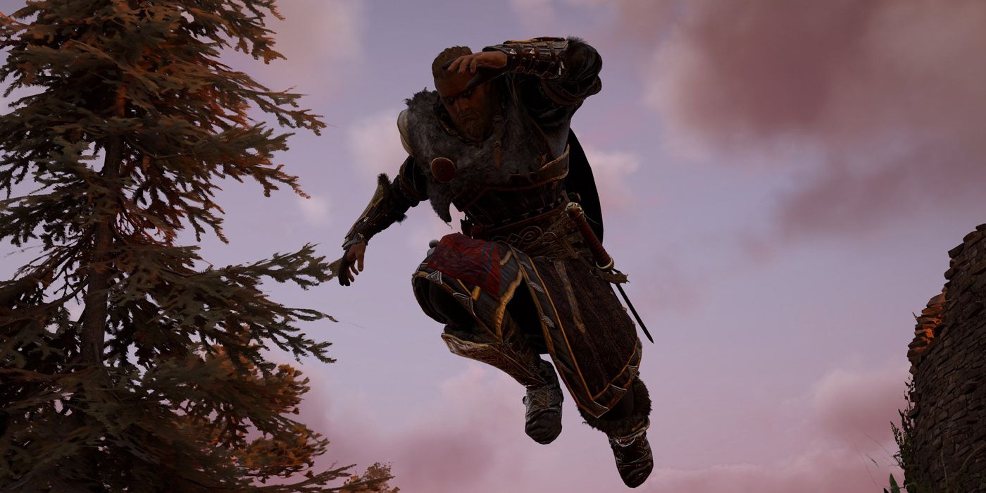 Eivor leaping through the trees in Assassin's Creed Valhalla 