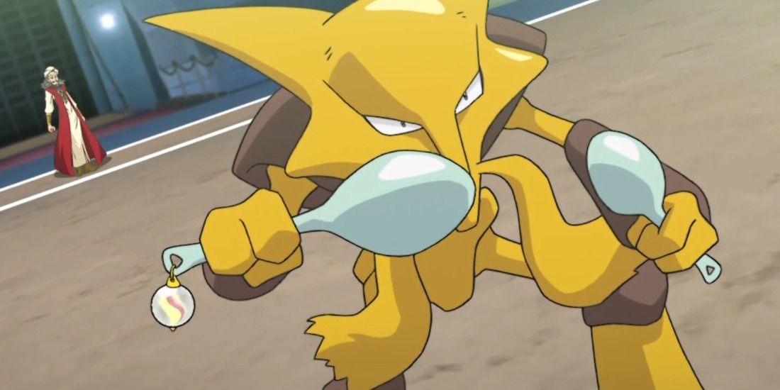Alakazam with a Mega Stone about to battle from the Pokemon Anime
