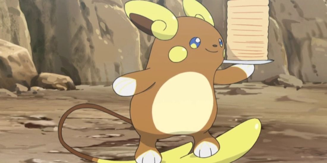 Alolan Raichu surfing on its tail with pancakes from the Pokemon anime