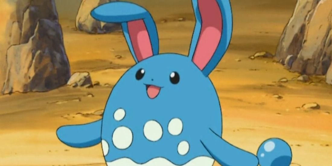 Azumarill smiling from a pile of rocks in the Pokemon Anime