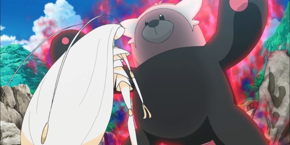 Bewear intimidating a Pheremosa in the Pokemon anime