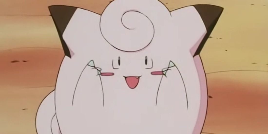 Clefairy pointing upwards happily in the Pokemon anime