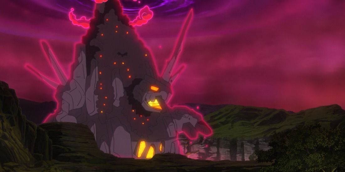 Gigantamax Coalossal filling a canyon in the Pokemon anime