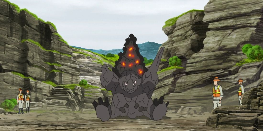 Coalossal sitting in the middle of a construction zone in the Pokemon Anime