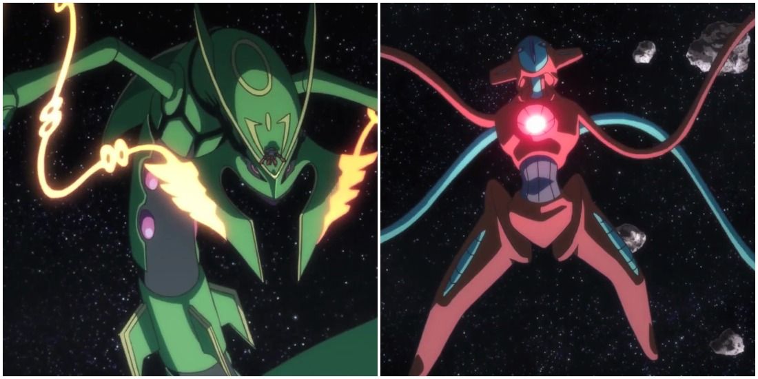 Mega Rayquaza and Deoxys in space from the Pokemon anime