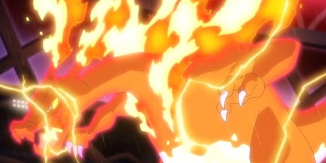 Gigantamax Charizard using an Electric-type attack in the Pokemon Anime