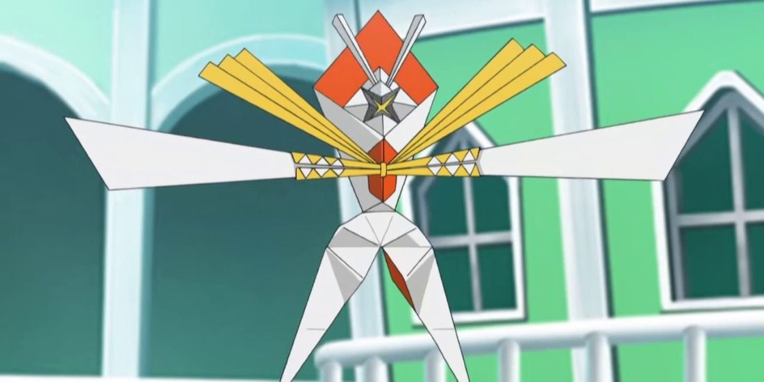 Kartana floating by a building in the Pokemon anime
