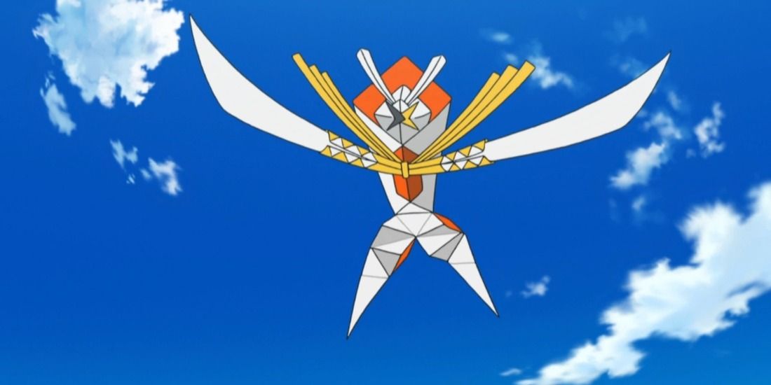 Kartana flying in the sky menacingly from the Pokemon Anime