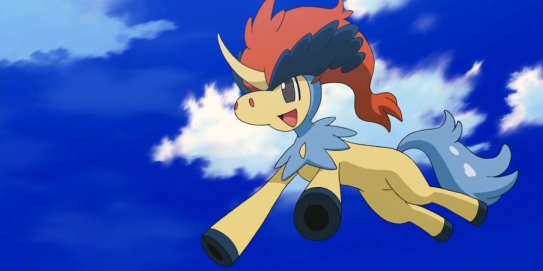 Keldeo bouncing high in the sky from the Pokemon anime