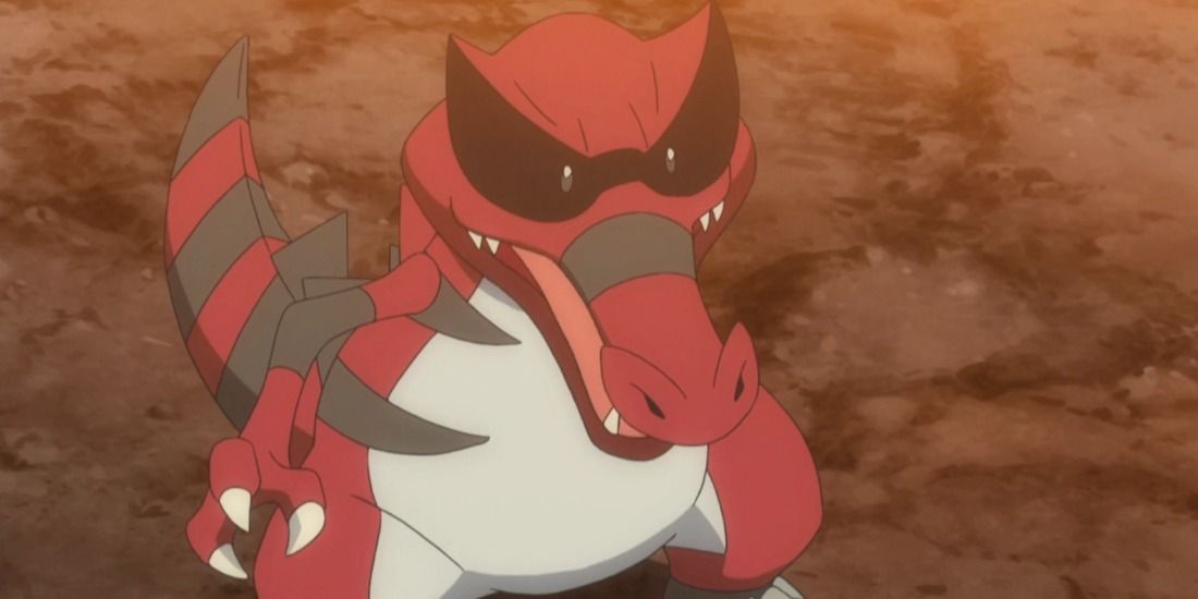 Krookodile battling angrily in the Pokemon anime
