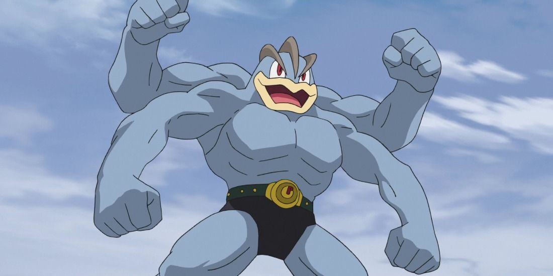 Machamp flexing its four arms in the Pokemon anime