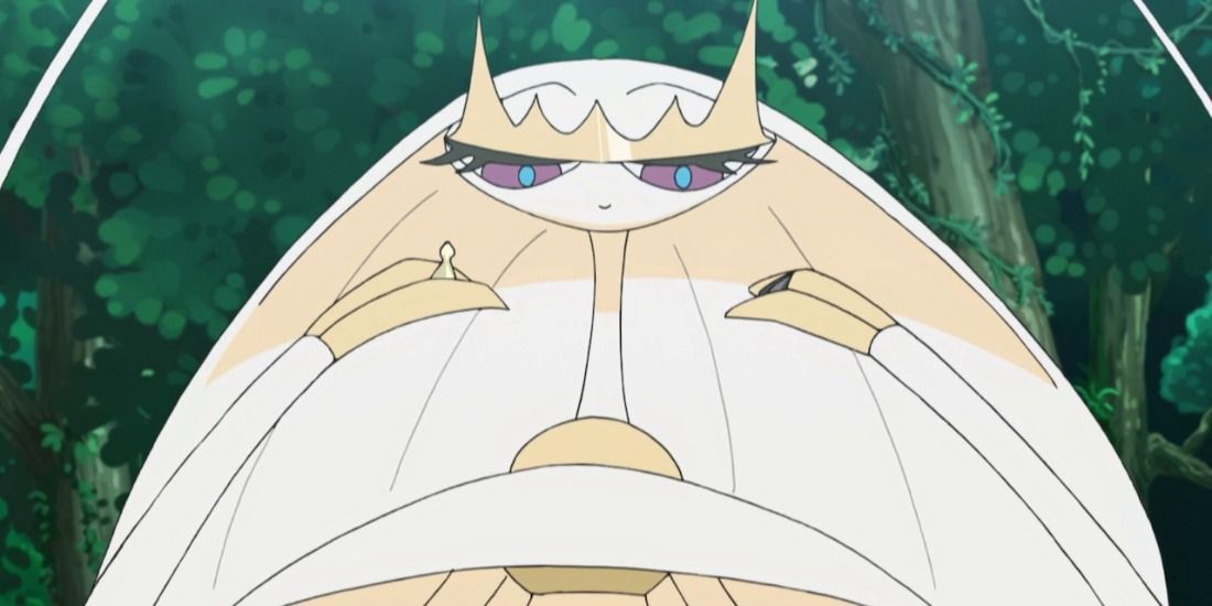 Pheramosa smiling in a forest in the Pokemon anime