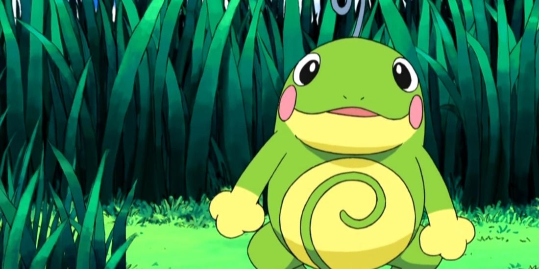 Politoed looking up curiously from the tall grass in the Pokemon Anime