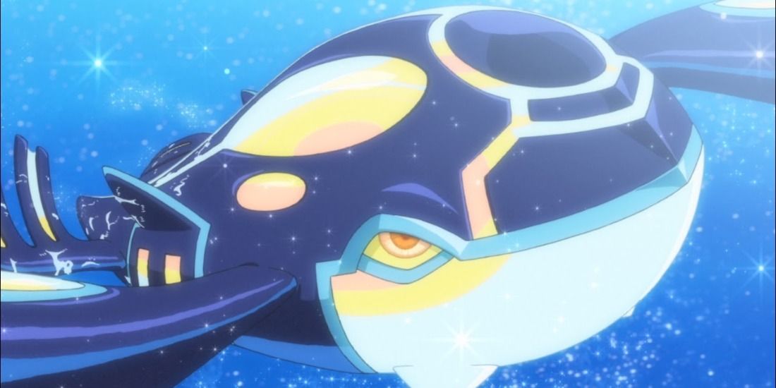 Primal Kyogre swimming through the ocean in the Pokemon anime