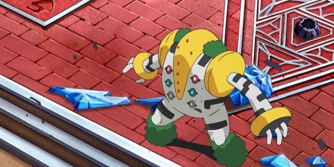Regigigas standing over a temple in the Pokemon anime