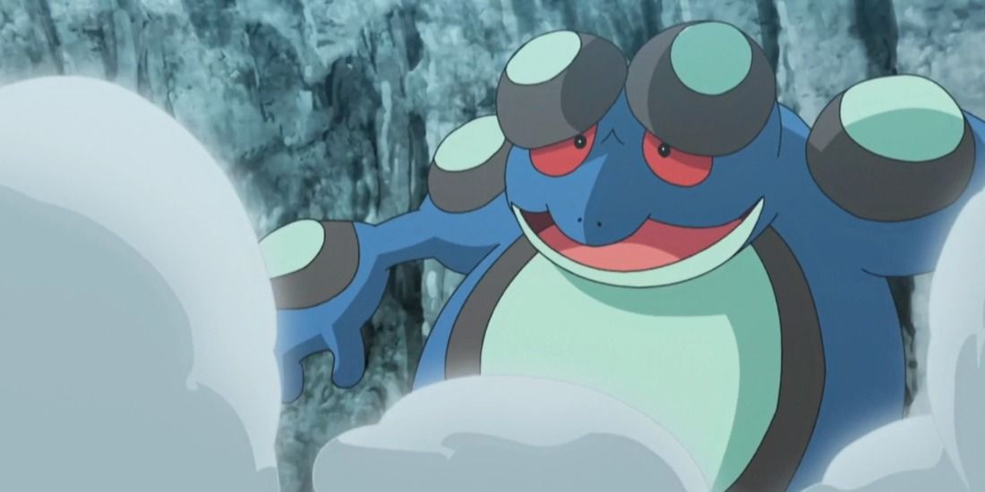 Seismitoad taking a nervous step back in the Pokemon Anime