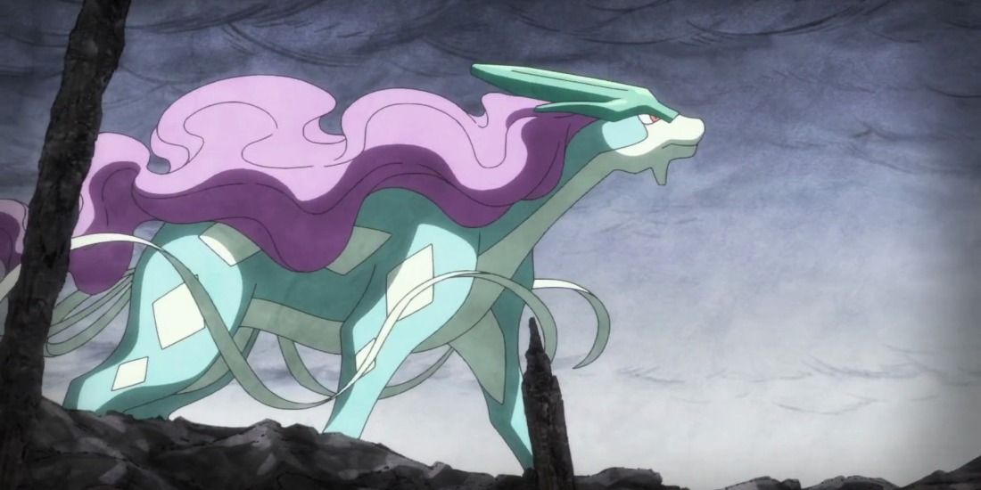 Suicune looking up from a burnt forest in the Pokemon Anime