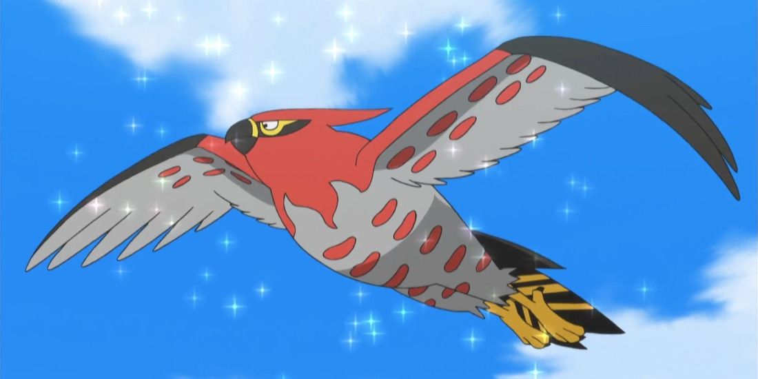 A sparkling Talonflame flying through the sky in the Pokemon Anime