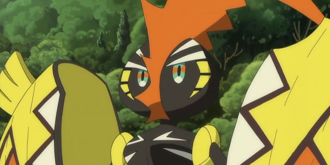 Tapu Koko staring into the sunset in the Pokemon anime