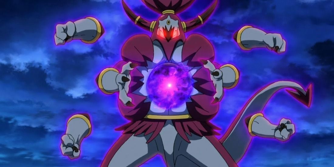 Unbound Hoopa preparing open a wormhole in the Pokemon anime
