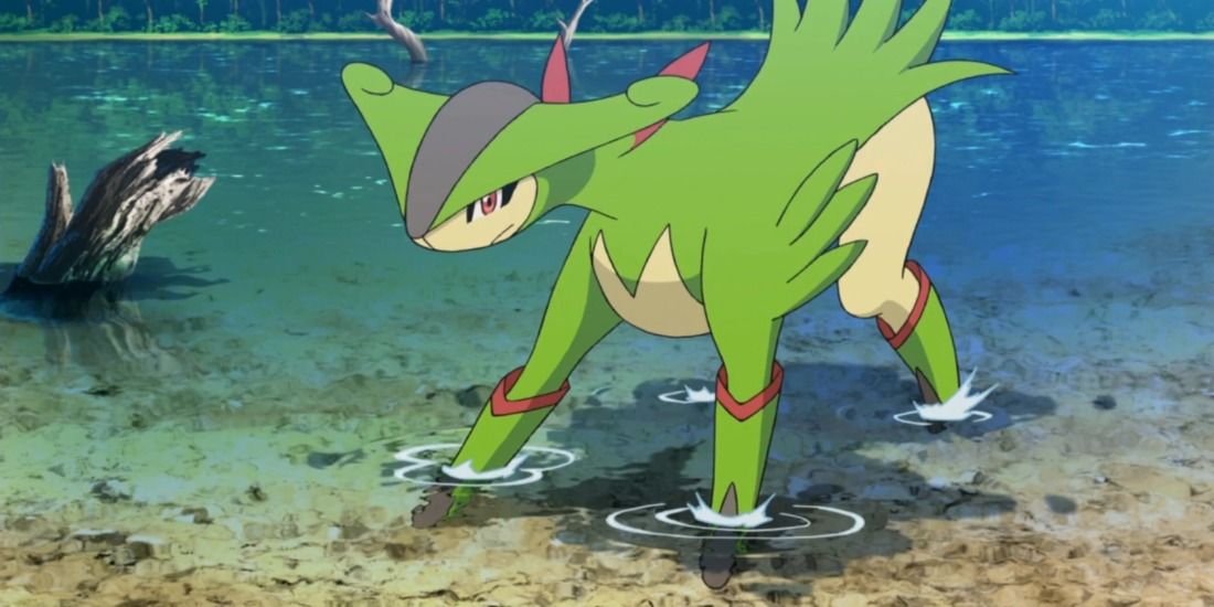 Virizion taking a drink in a lake from the Pokemon Anime