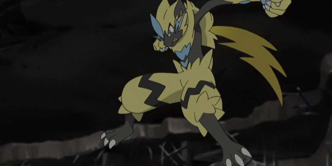 Zeraora jumping through a cave in the Pokemon anime