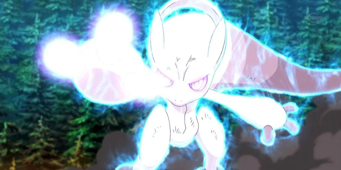 Mega Mewtwo Y flying upward in the Pokemon anime