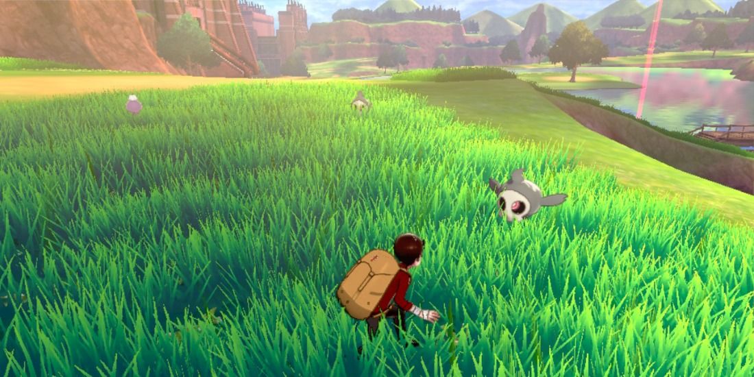 Trainer slowly approaches a Duskull from the Wild Area in Pokemon Sword & Shield