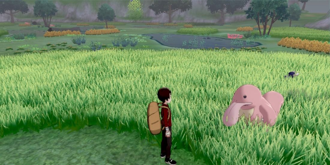 Lickitung approaching a trainer on the Soothing Wetlands in Pokemon Sword & Shield
