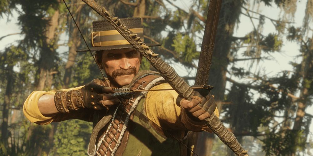 Red Dead Online Player With Bow Drawn In Swamp