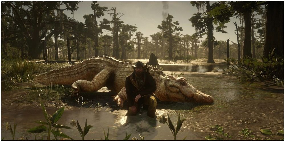 Red Dead Redemption 2 Posing In Front Of Dead Bull Gator
