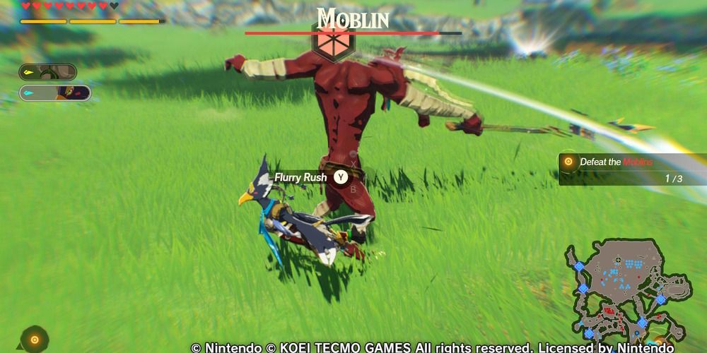 Revali initiating a Flurry Rush against a Red Moblin