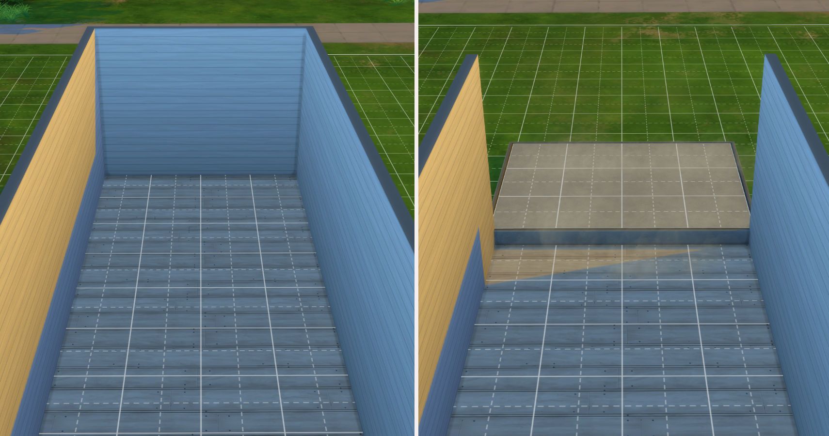 A split image. Left side an empty rectangular room. Right side the same room with a platform and a missing back wall.