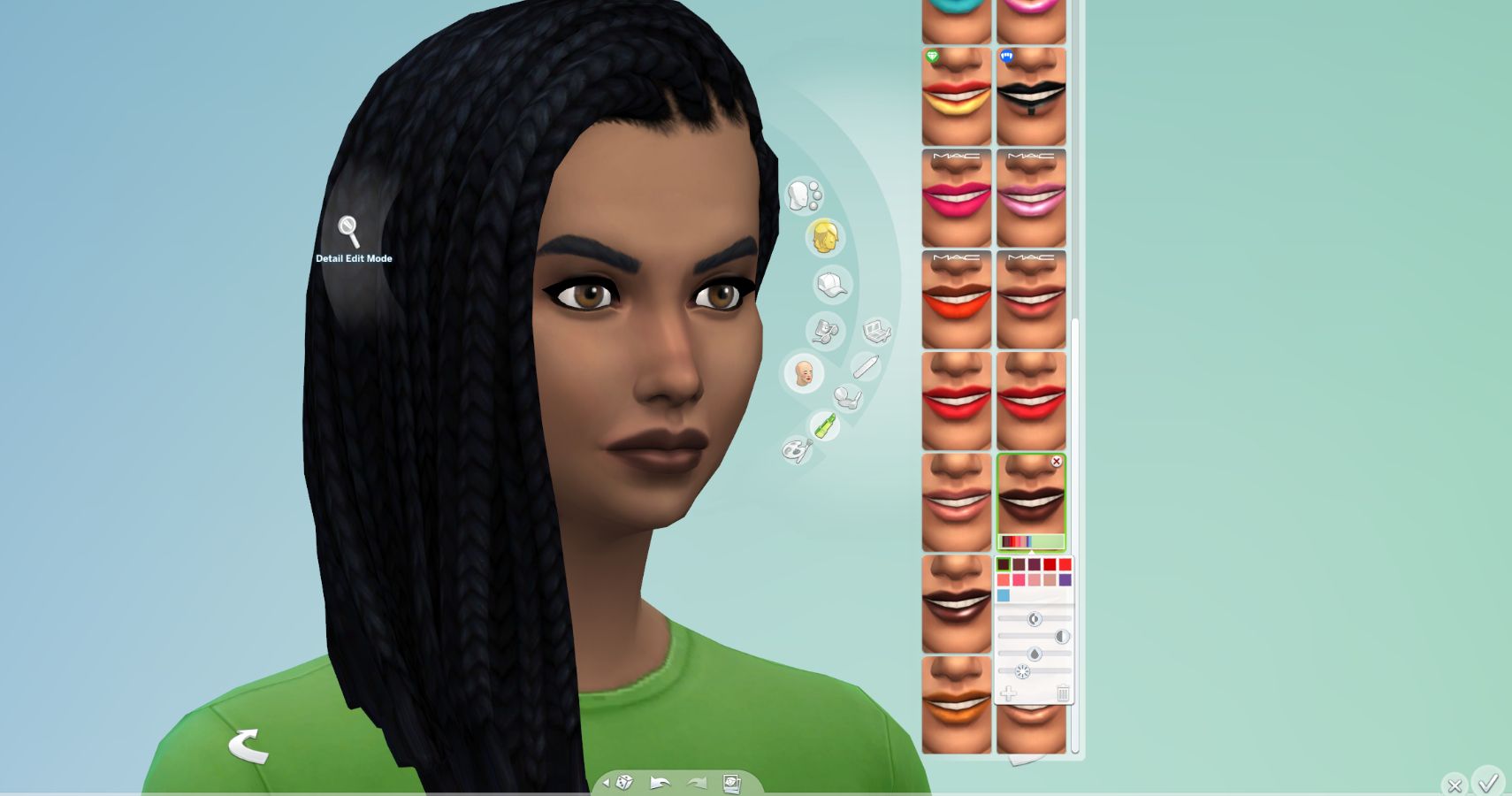 A black sim with makeup showing the sliders.