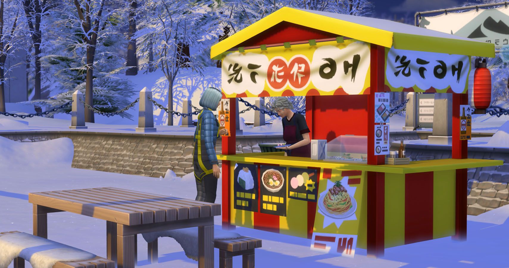 A sim purchasing from a food stand.