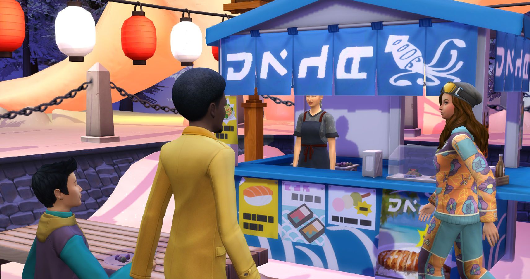 Sims surround the food stall at the snow festival