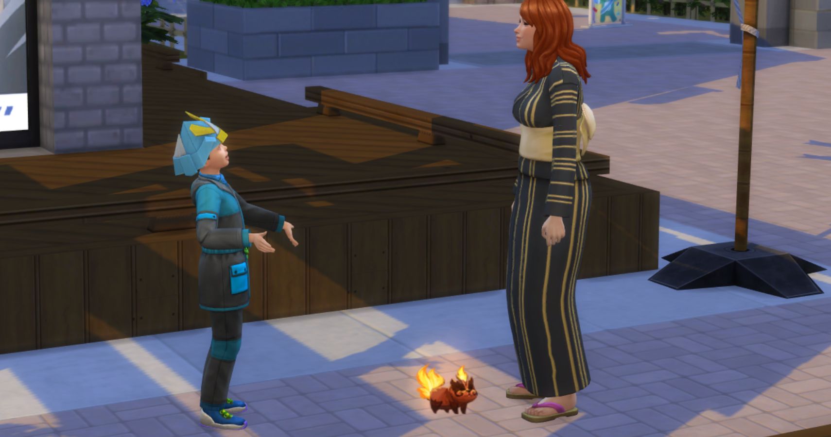 A sim child showing his mom a voidcritter