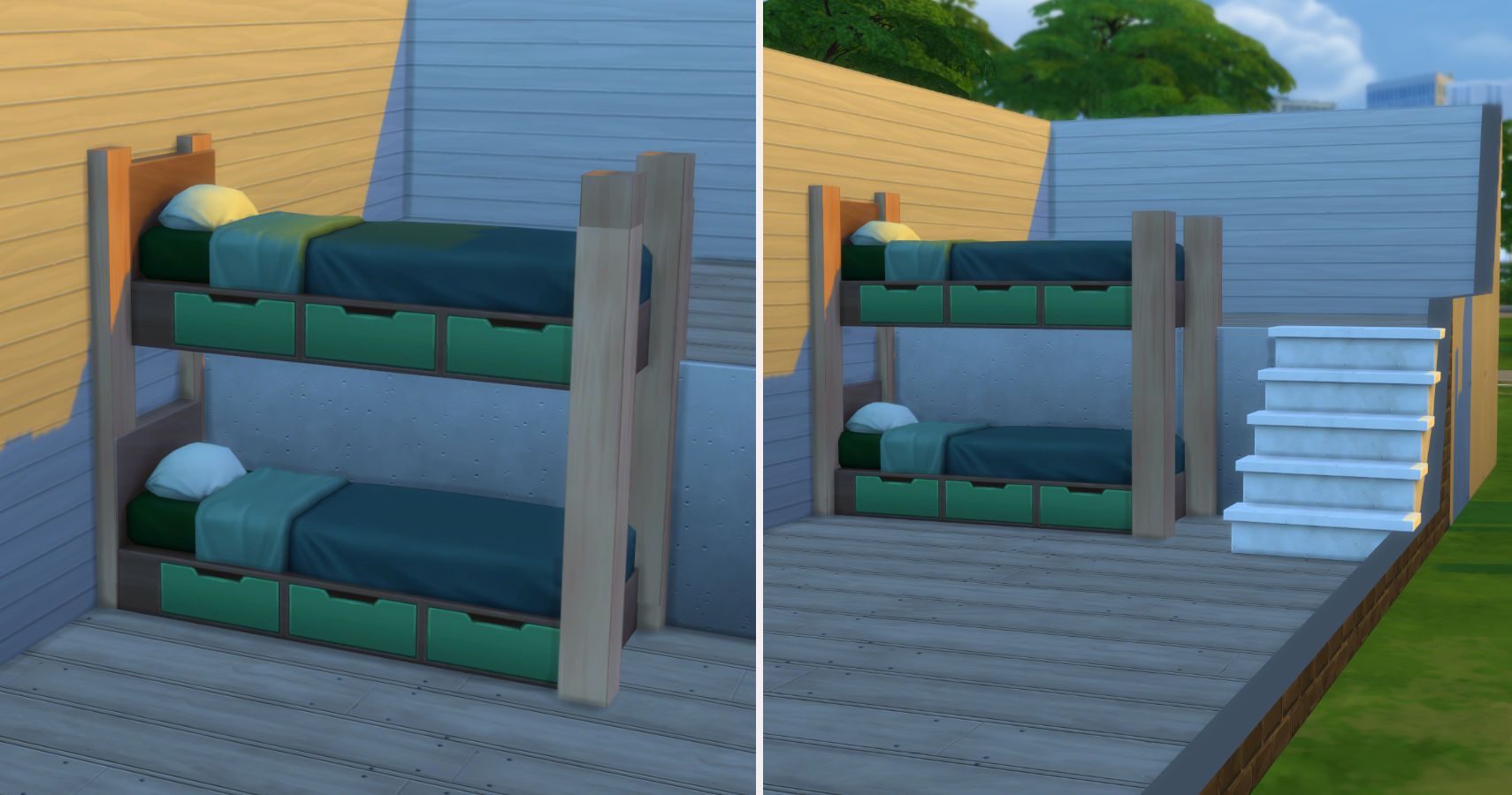 Split image. Left side two beds on top of each other. Right side stairs placed next to them.