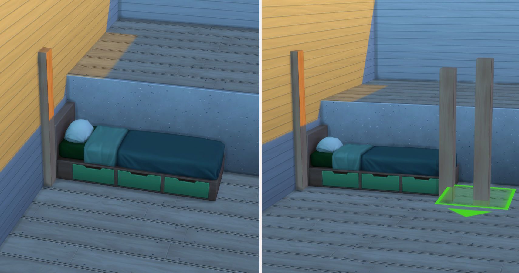 Split image. Left side the bed with one post. Right side the bed with the third post being placed.