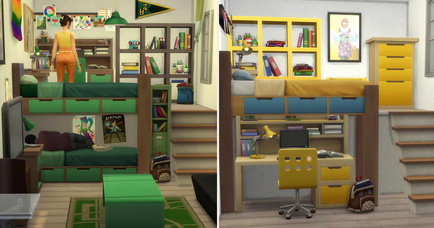 Split image. Left side bunk beds with a bookcase and dsesk on the platform at the top. Right image a desk replaces the bed on the bottom.