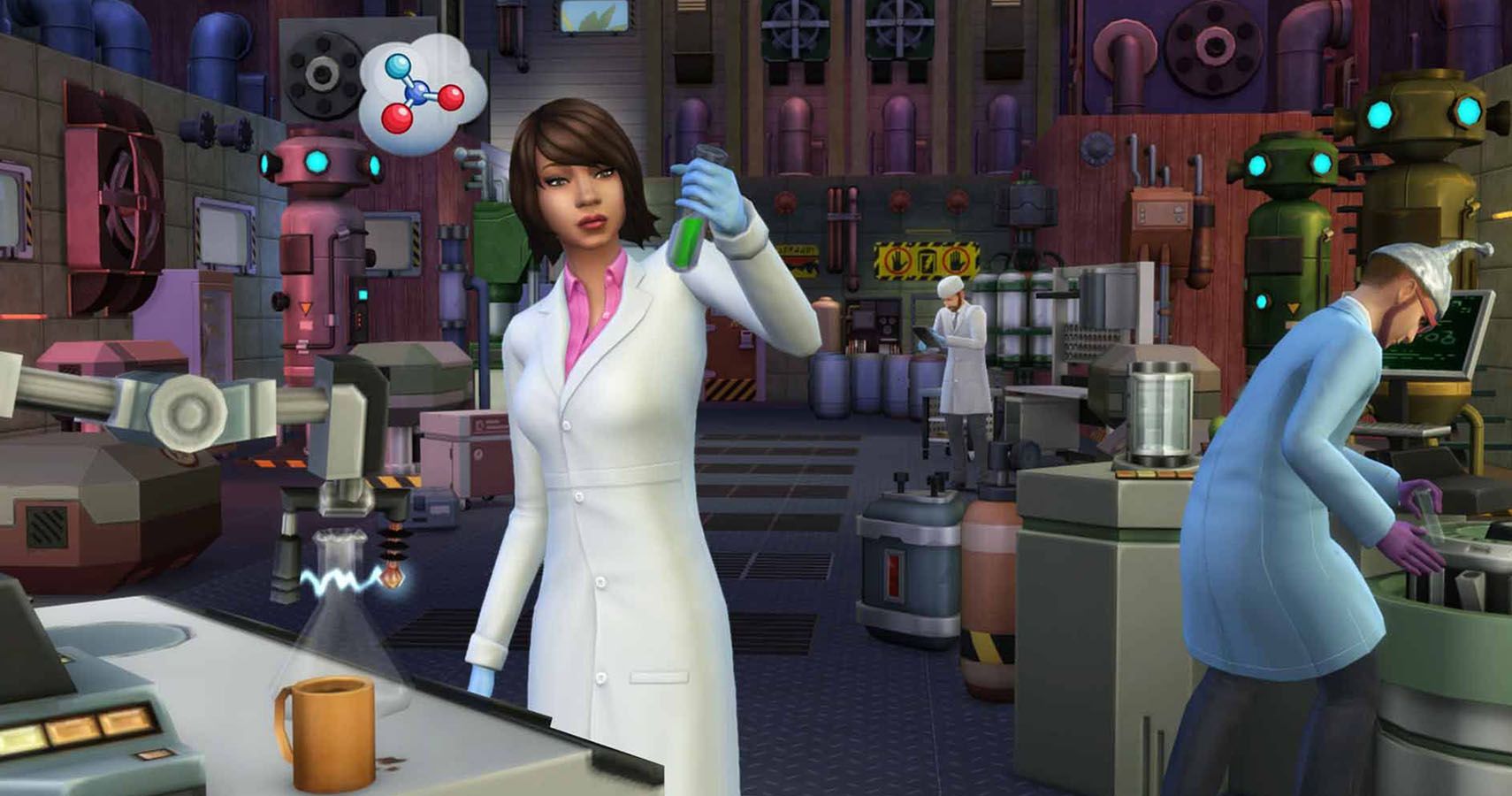 A sim in a science lab holding up a test tube while another sim works behind her.