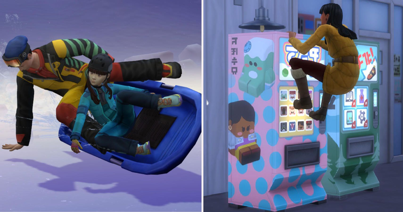 left side sims falling off a sled, right side sim climbing a vending machine.