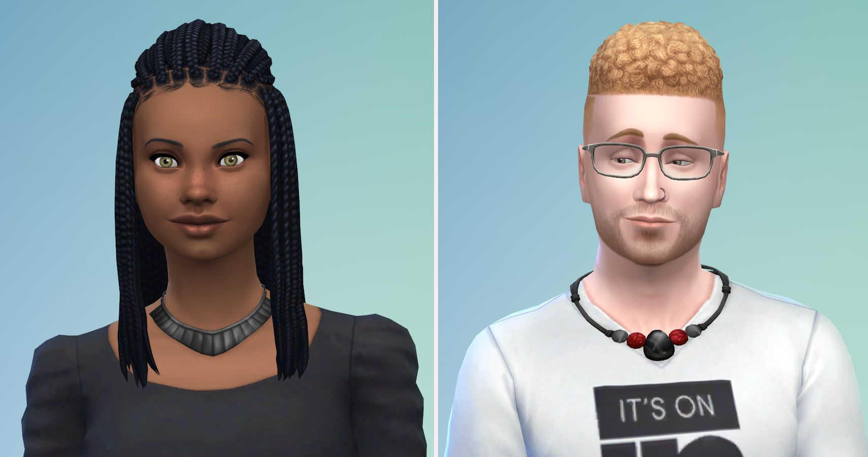 female sim with newly changed braids, male sim with newly changed hair that's curly on top and shaved at the sides.