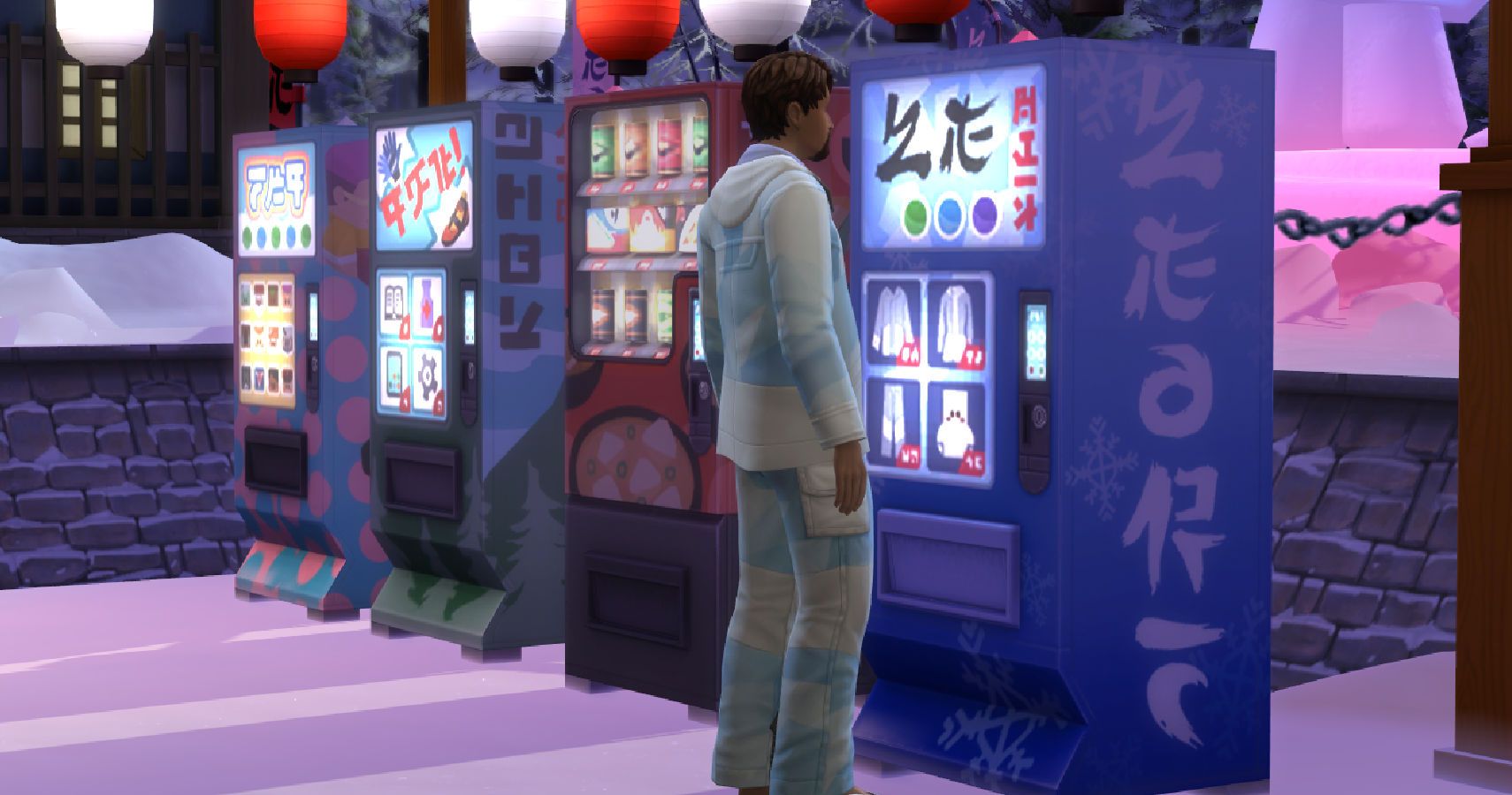 Sim by a vending machine in a snow suit
