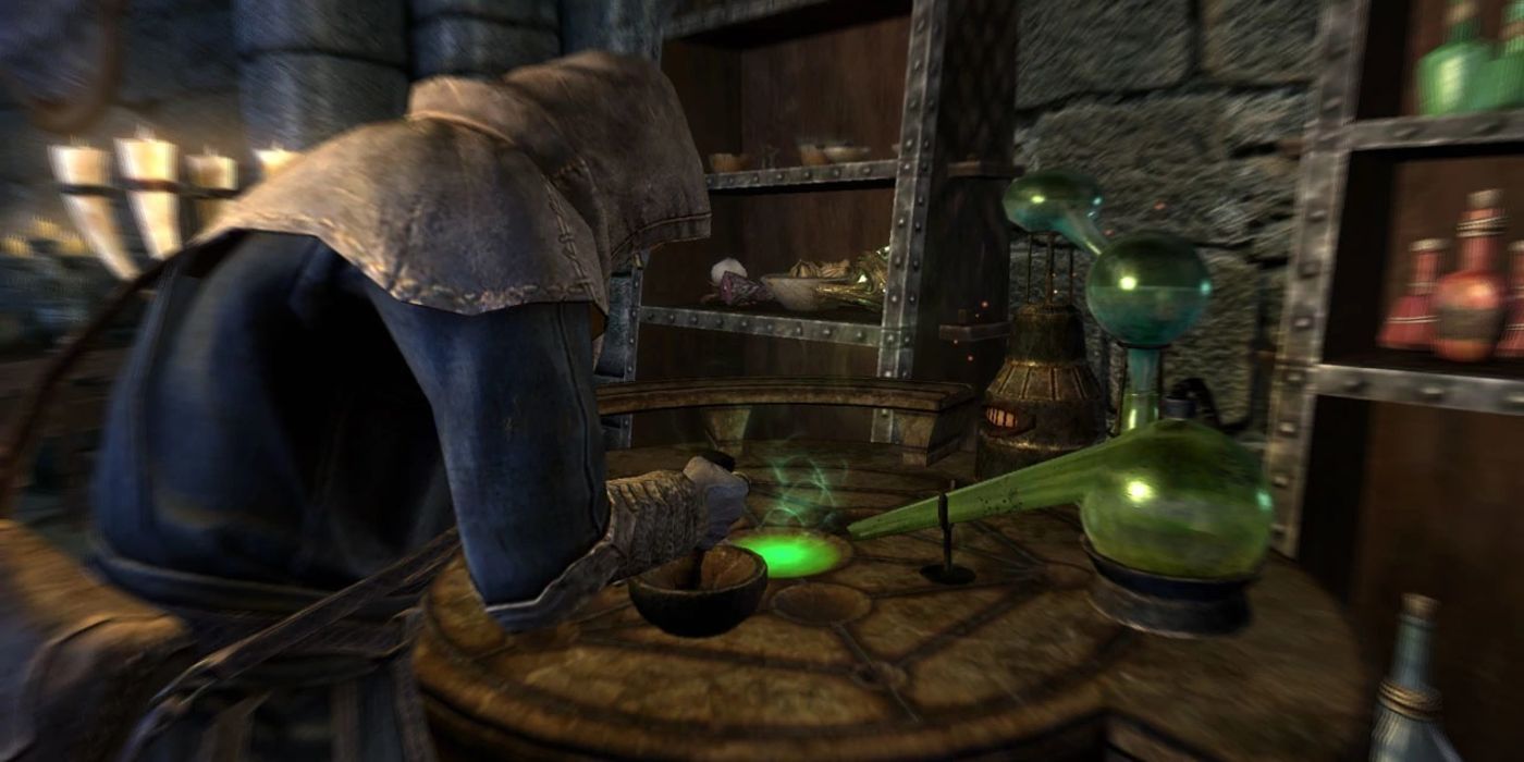 Skyrim using the alchemy table