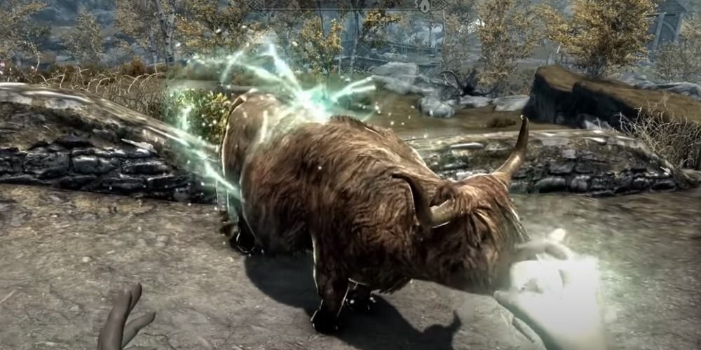 Calm being cast on a cow in Skyrim