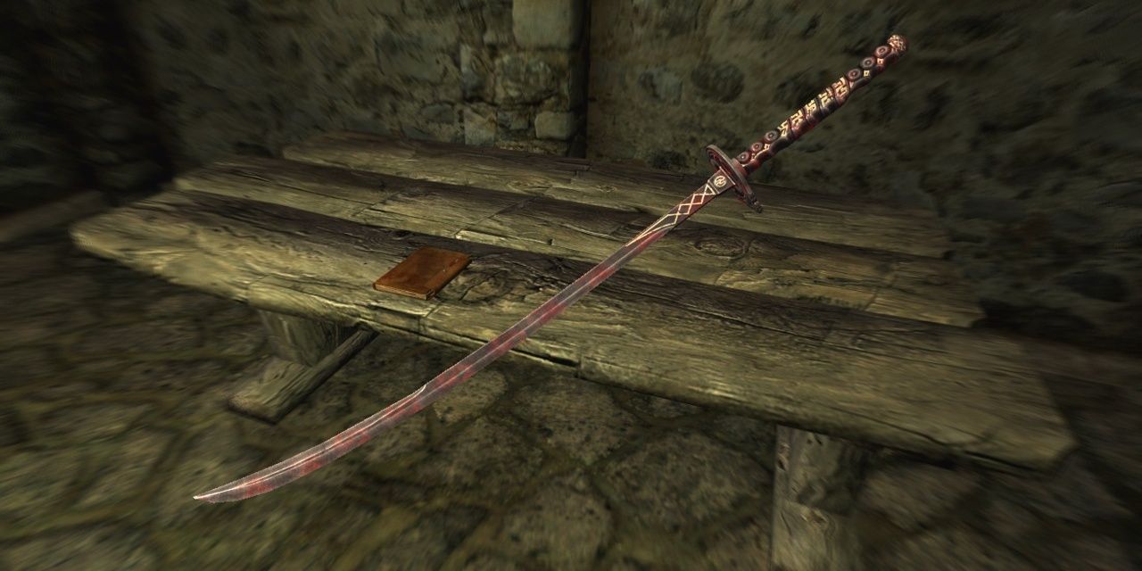 Skyrim Ebony Blade showcased in the player's inventory