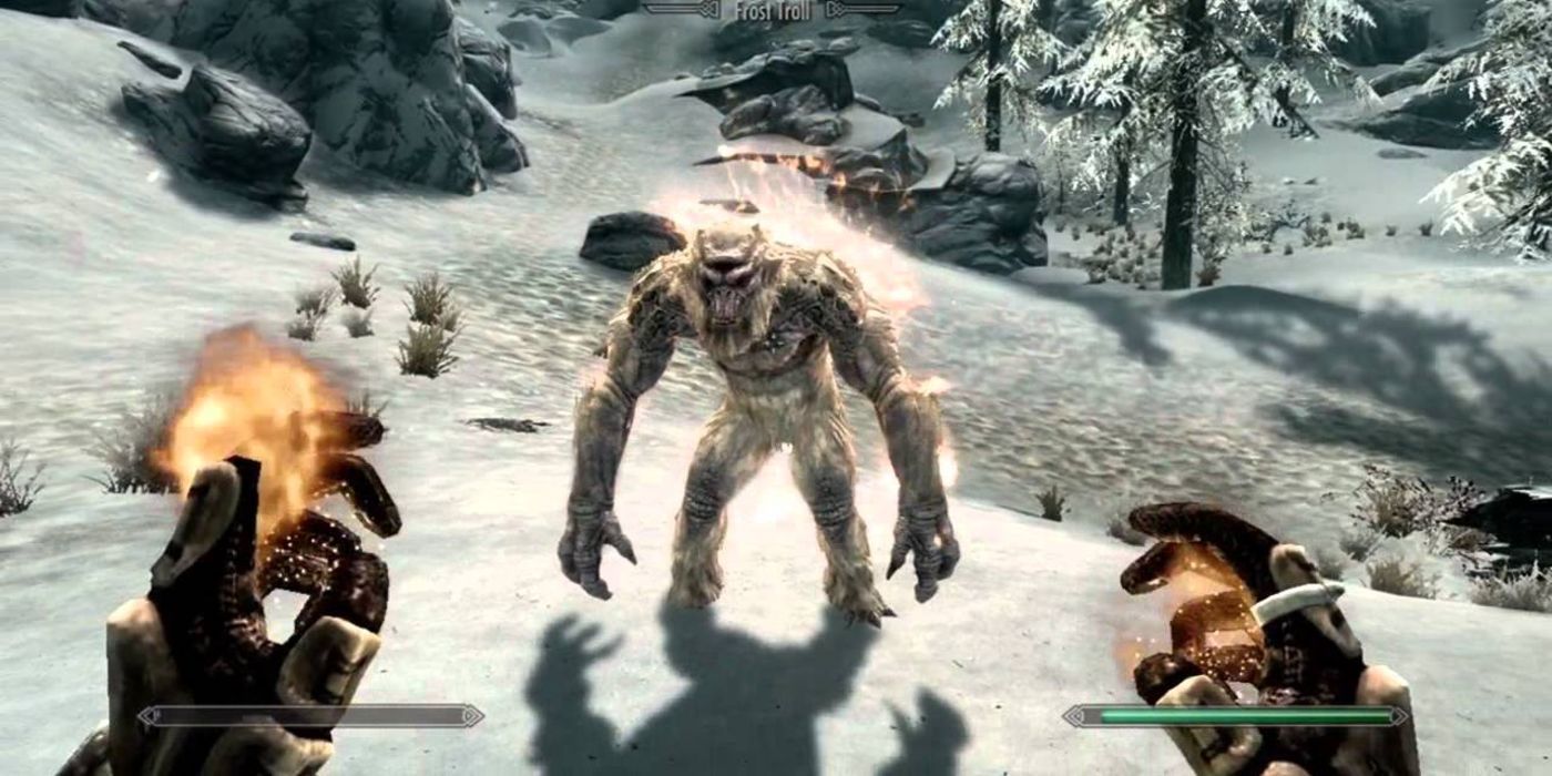 Skyrim frost troll being fought with fire spells